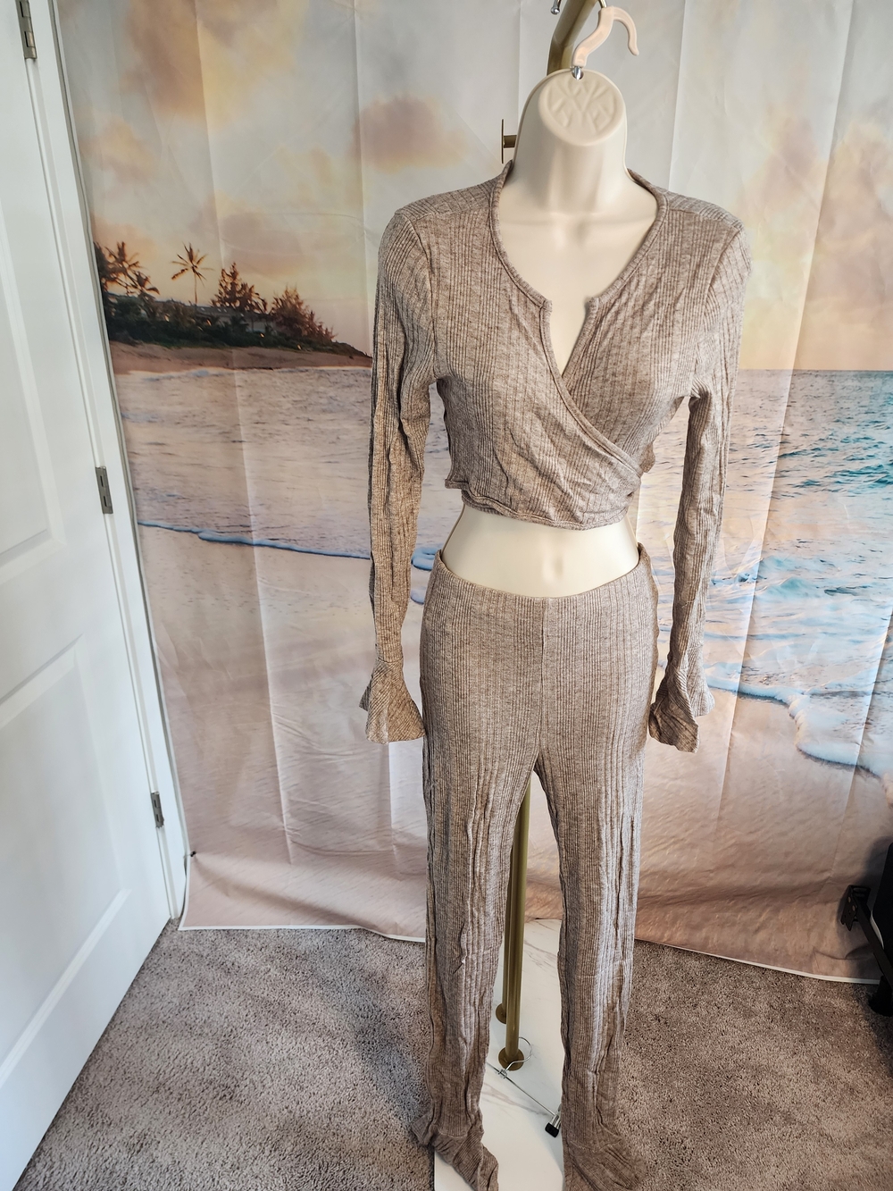 WinWin Ribbed Taupe Two-Piece Knit Set - Women's Pants & Cropped Wrap Top